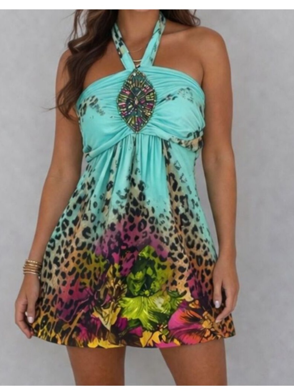 y2k leopard floral halter dress beaded boho festival size small